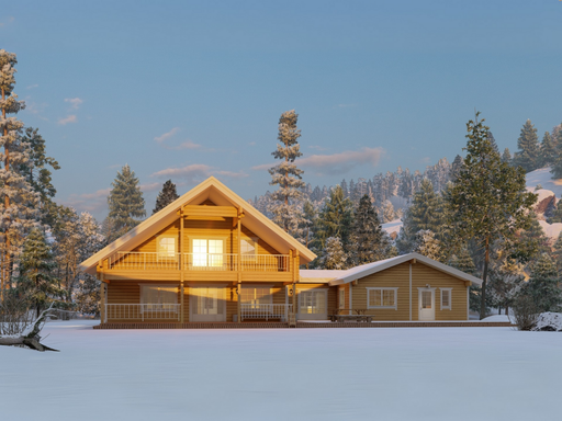 Priit two-storey residential log cabin in a snowy landscape, viewed from the front