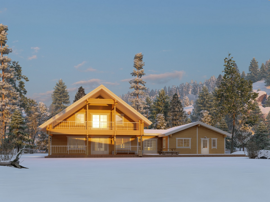 Priit two-storey residential log cabin in a snowy landscape, viewed from the front