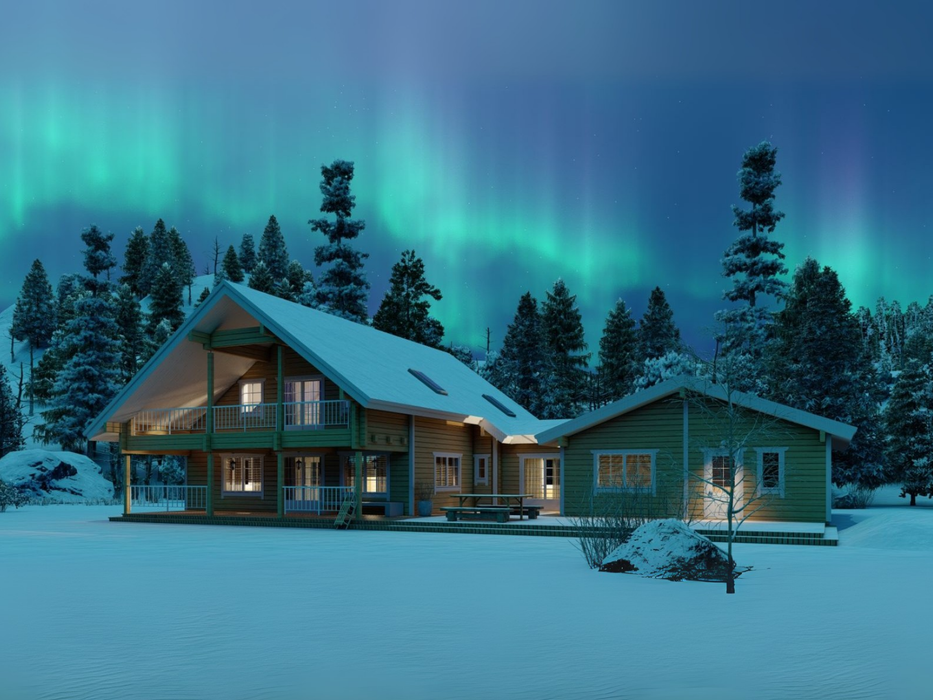 Priit two-storey residential log cabin in a snowy landscape at night, viewed from the left