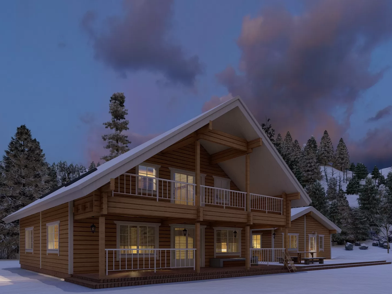 Priit two-storey residential log cabin in a snowy landscape, viewed from the front