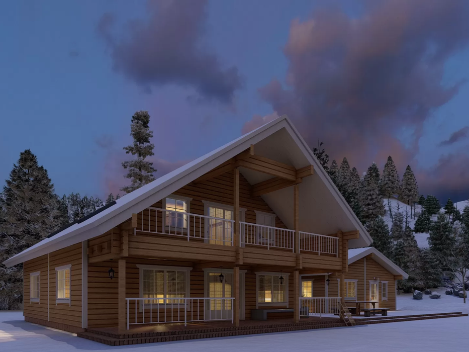 Priit two-storey residential log cabin in a snowy landscape, viewed from the front