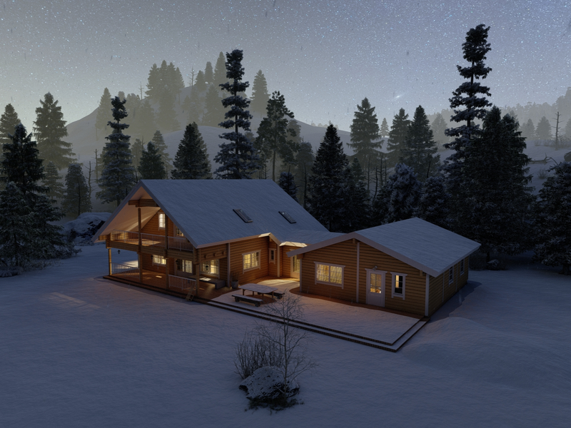 Priit two-storey residential log cabin in a snowy landscape at night, viewed from above