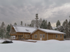 Priit two-storey residential log cabin in a snowy landscape, viewed from the right