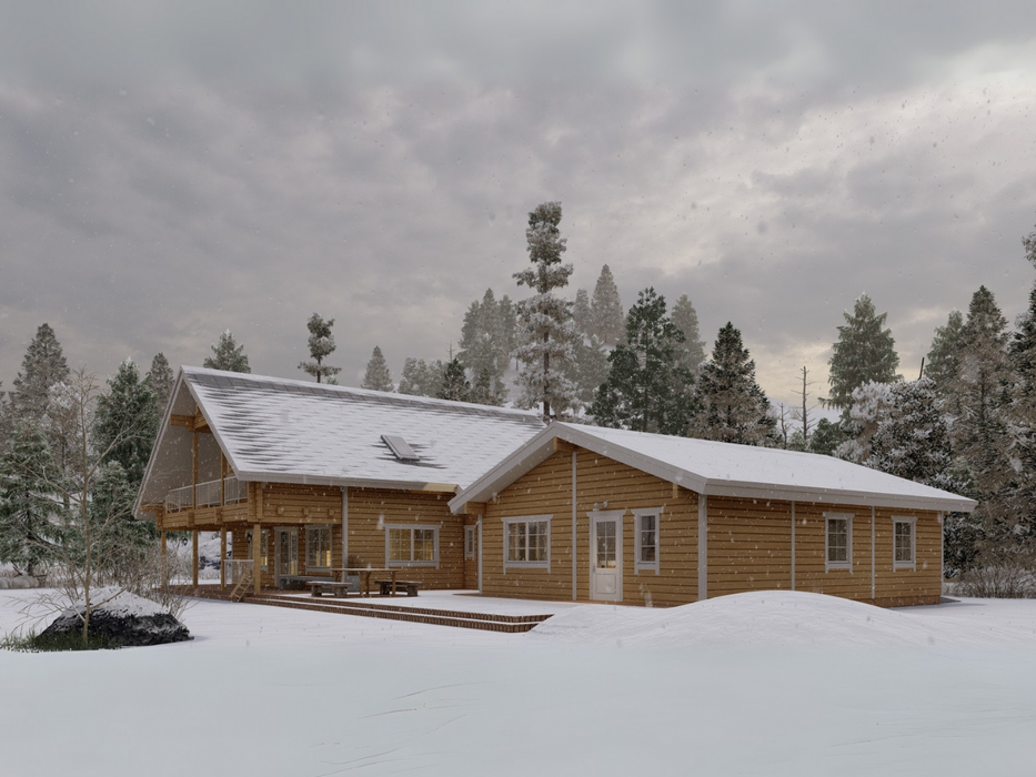 Priit two-storey residential log cabin in a snowy landscape, viewed from the right