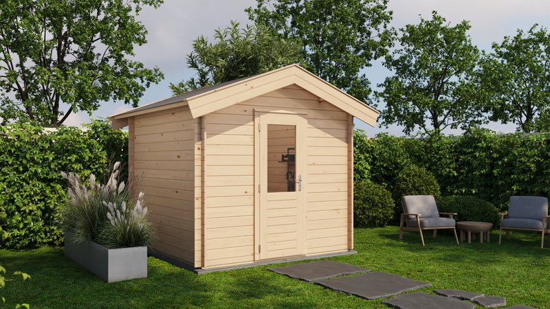 Wooden garden building with single door. Viewed from front/left side. 