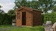 Brown, wooden garden building with opened single door. Viewed from front/right side. 