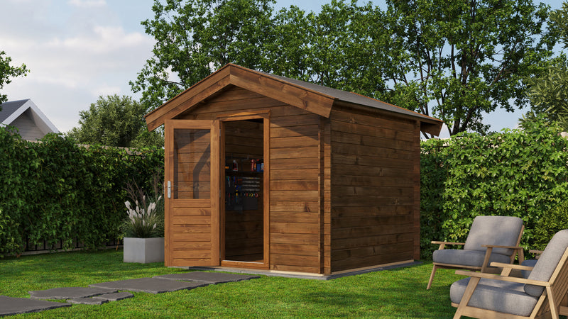 Brown, wooden garden building with opened single door. Viewed from front/right side. 