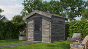 Grey, wooden garden building with black single door. Viewed from front/right side. 