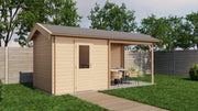 Wooden garden building with single door, canopy area on right side. Viewed from front/left side.