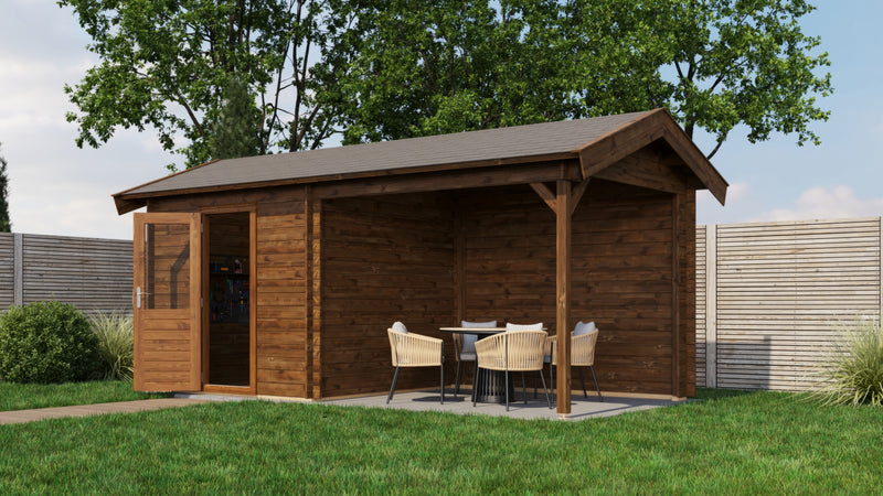 Brown, wooden garden building with opened single door, canopy area on right side. Viewed from front/right side. 