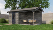 Grey wooden garden building with black single door, canopy area on right side. Viewed from front/right side. 