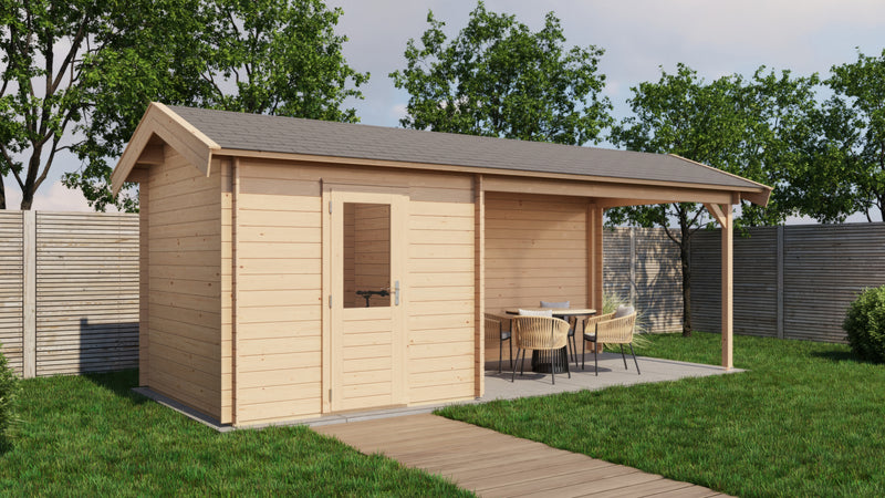Wooden garden building with single door, canopy area on right side. Viewed from front/left side.