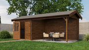Brown, wooden garden building with opened single door, canopy area on right side. Viewed from front/right side. 