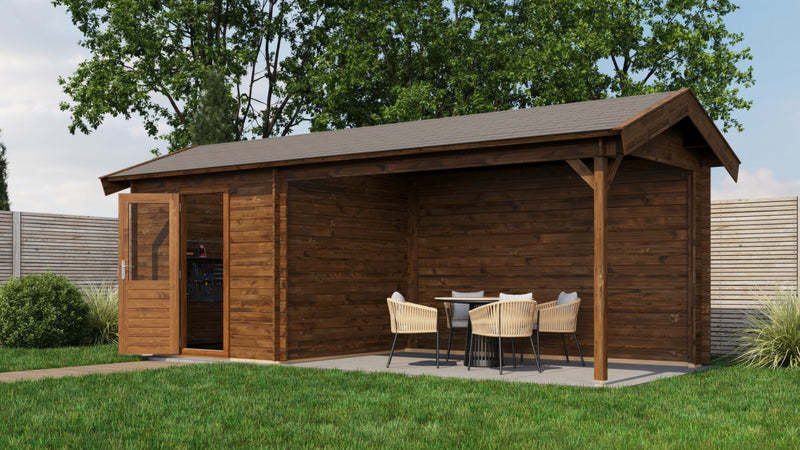 Brown, wooden garden building with opened single door, canopy area on right side. Viewed from front/right side. 