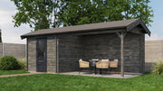 Grey, wooden garden building with black single door, canopy area on right side. Viewed from front/right side. 
