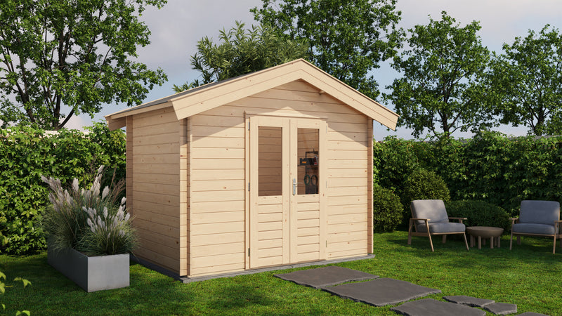 Wooden garden building with double doors. Viewed from the front/left side. 