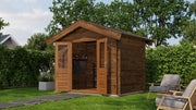 Brown, wooden garden bulding with opened double doors. Viewed from front/right side. 