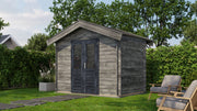 Grey, wooden garden building with black double doors. Viewed from front/right side. 