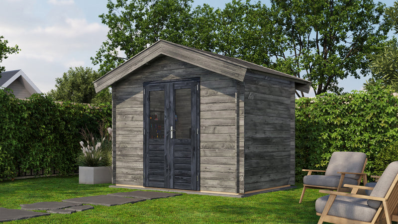 Grey, wooden garden building with black double doors. Viewed from front/right side. 