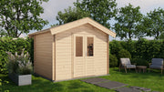 Wooden garden building with double doors. Viewed from front/left side. 