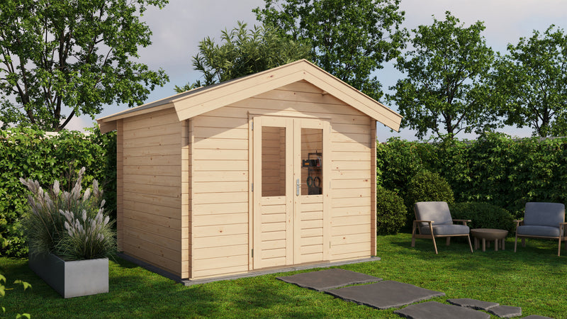 Wooden garden building with double doors. Viewed from front/left side. 