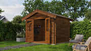 Brown, wooden garden building with opened double doors. Viewed from front/right side.