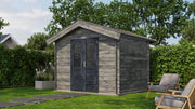 Grey, wooden garden building with black double doors. Viewed from front/right side. 