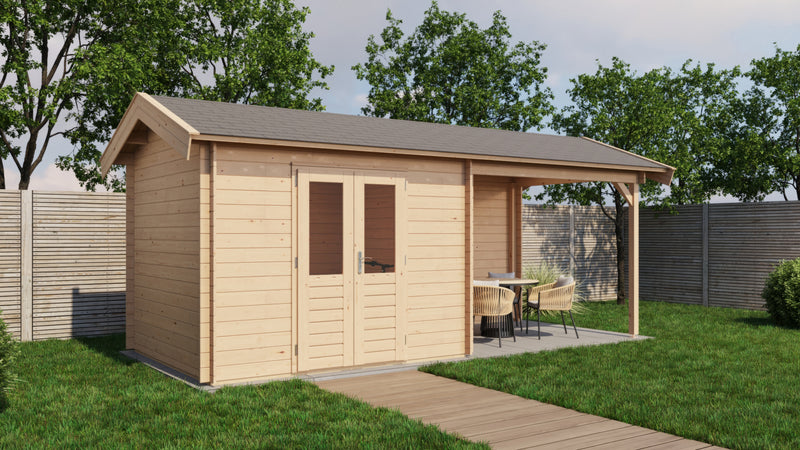 Wooden garden building with double doors, canopy area on right side. Viewed from front/left side. 