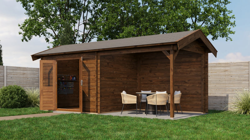 Brown, wooden garden building with opened double doors, canopy area on right side. Viewed from front/right side