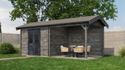 Grey, wooden garden building withh black double doors, canopy area on right side. Viewed from front/right side. 
