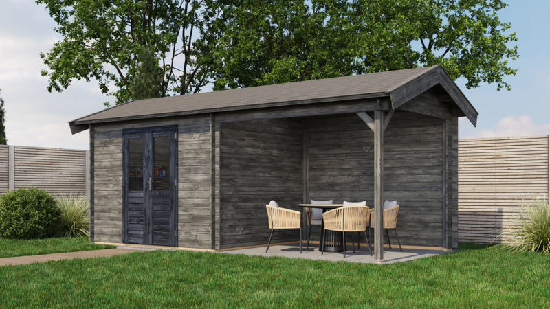 Grey, wooden garden building withh black double doors, canopy area on right side. Viewed from front/right side. 