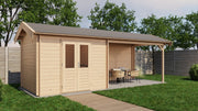 Wooden garden building with double doors, canopy area on right side. iewed from front/left side. 