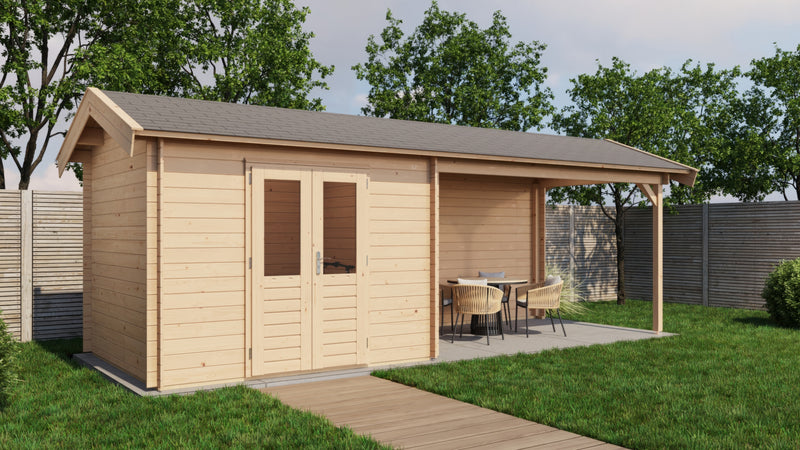 Wooden garden building with double doors, canopy area on right side. iewed from front/left side. 