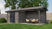 Large, grey, wooden garden building with black double doors, large canopy area on right side. Viewed from front/right side.