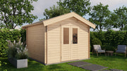 Wooden garden building with double doors. Viewed from front/left side. 