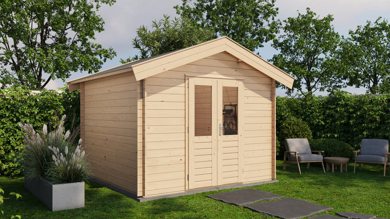 Wooden garden building with double doors. Viewed from front/left side. 