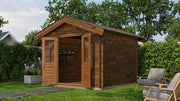 Brown, wooden garden building with opened double doors. Viewed from front/right side. 