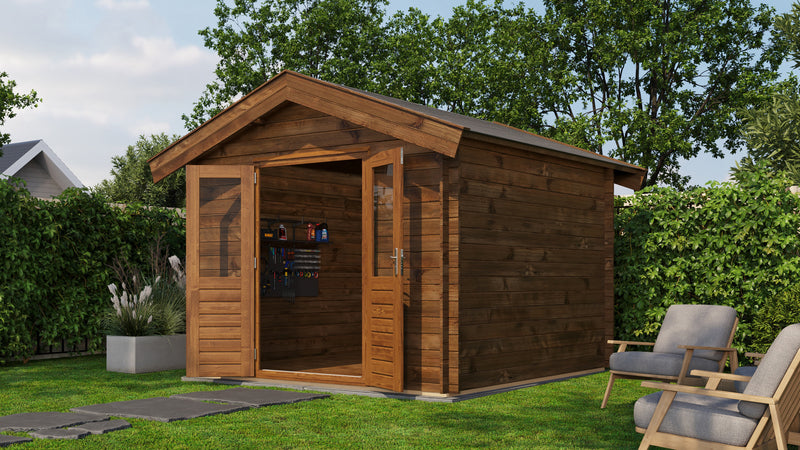 Brown, wooden garden building with opened double doors. Viewed from front/right side. 