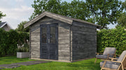 Grey, wooden garden building with black double doors. Viewed from front/right side. 