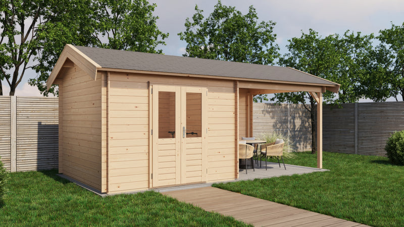 Wooden garden building with double doors, canopy area on right side. Viewed from front/left side.