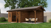 Large, brown, wooden garden building with opened double doors, large canopy area on right side. Viewed from front/right side. 