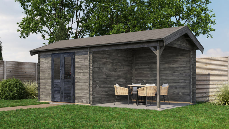 Large, grey wooden garden building with black double doors, large canopy on right side. Viewed from front/right side. 