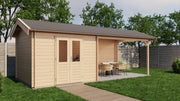Large, wooden garden building with canopy on right side and double doors. Viewed from front/left side. 