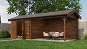 Large, brown wooden garden building with double doors opened, large canopy area on right side. Viewed from front/right side. 