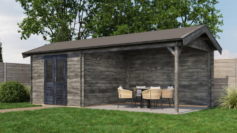 Large, grey wooden garden building with black double doors, canopy area on right side. Viewed from front/right side. 