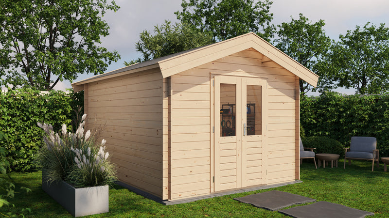 Wooden garden building with double doors. Viewed from front/left side. 