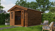 Large, brown wooden garden building with opened double doors. Viewed from front/right side. 