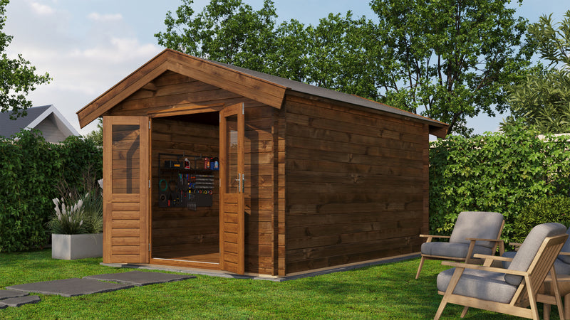 Large, brown wooden garden building with opened double doors. Viewed from front/right side. 
