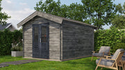 Grey, wooden garden building with black double doors. Viewed from front/right side. 