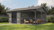 Large, grey, wooden garden building with black double doors, large canopy area on right side. Viewed from front/right side. 